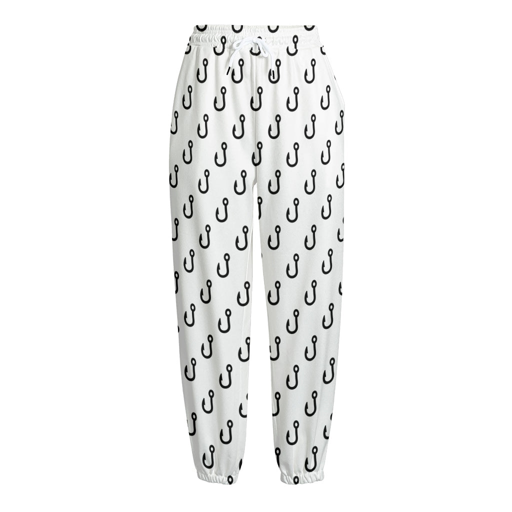 White And Black Fishing Hooks Print Fleece Lined Knit Pants