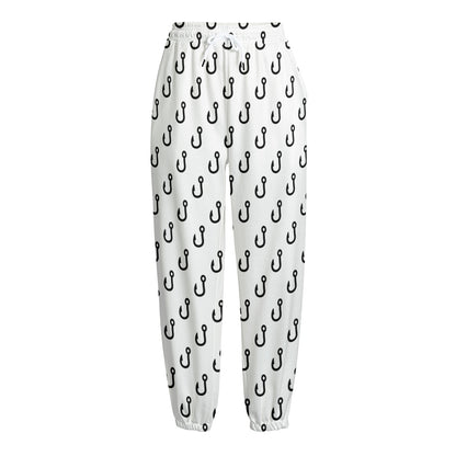 White And Black Fishing Hooks Print Fleece Lined Knit Pants