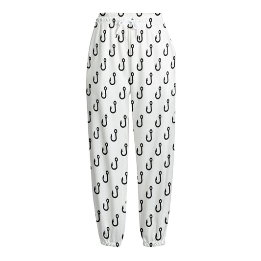 White And Black Fishing Hooks Print Fleece Lined Knit Pants