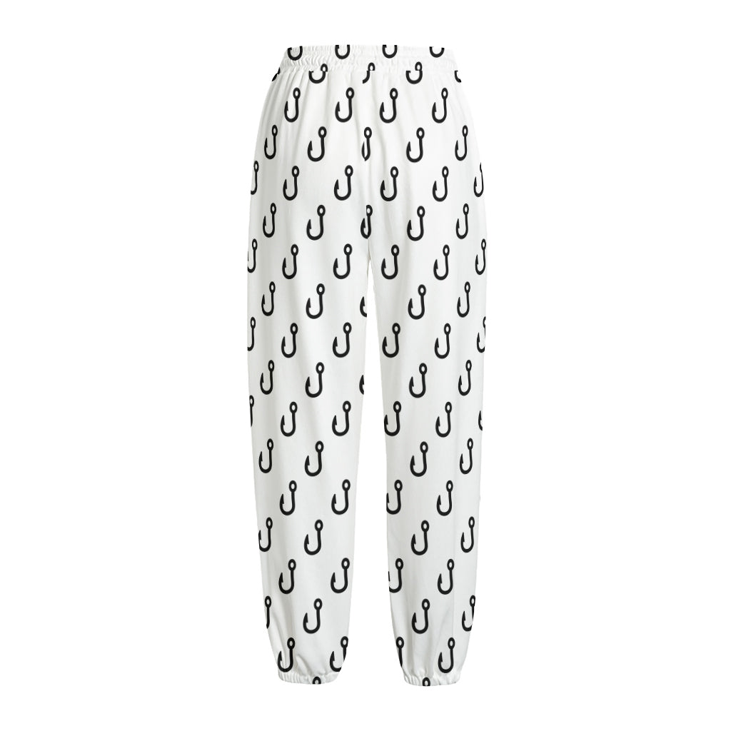 White And Black Fishing Hooks Print Fleece Lined Knit Pants