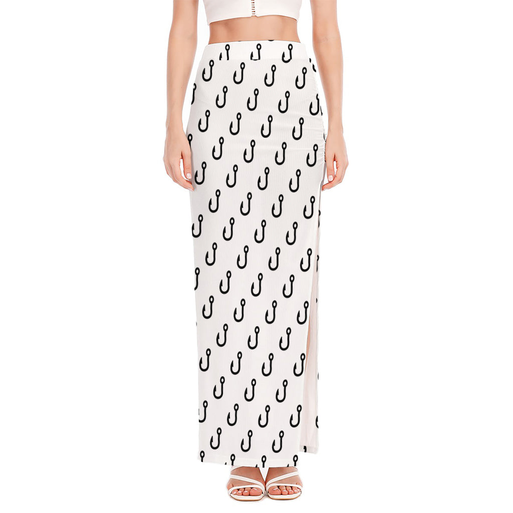 White And Black Fishing Hooks Print High Slit Maxi Skirt