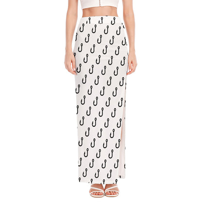 White And Black Fishing Hooks Print High Slit Maxi Skirt