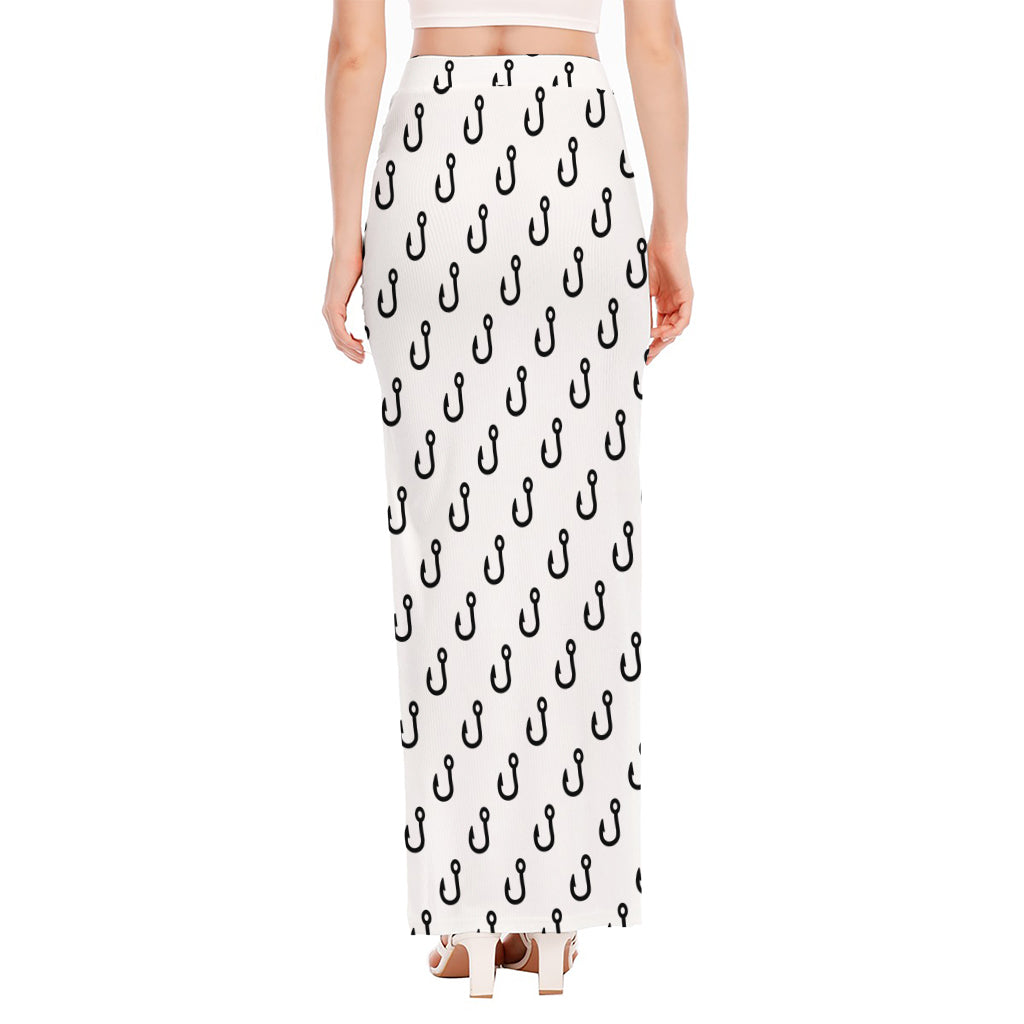 White And Black Fishing Hooks Print High Slit Maxi Skirt