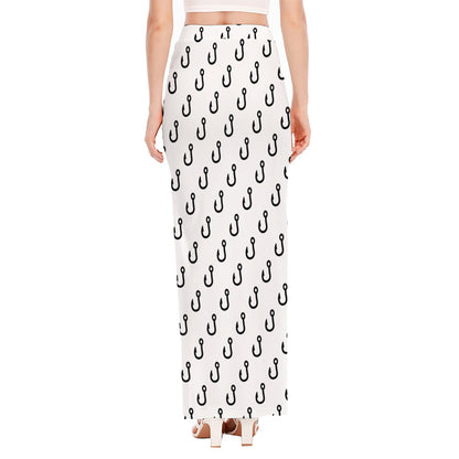 White And Black Fishing Hooks Print High Slit Maxi Skirt