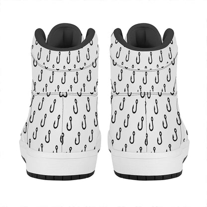 White And Black Fishing Hooks Print High Top Leather Sneakers