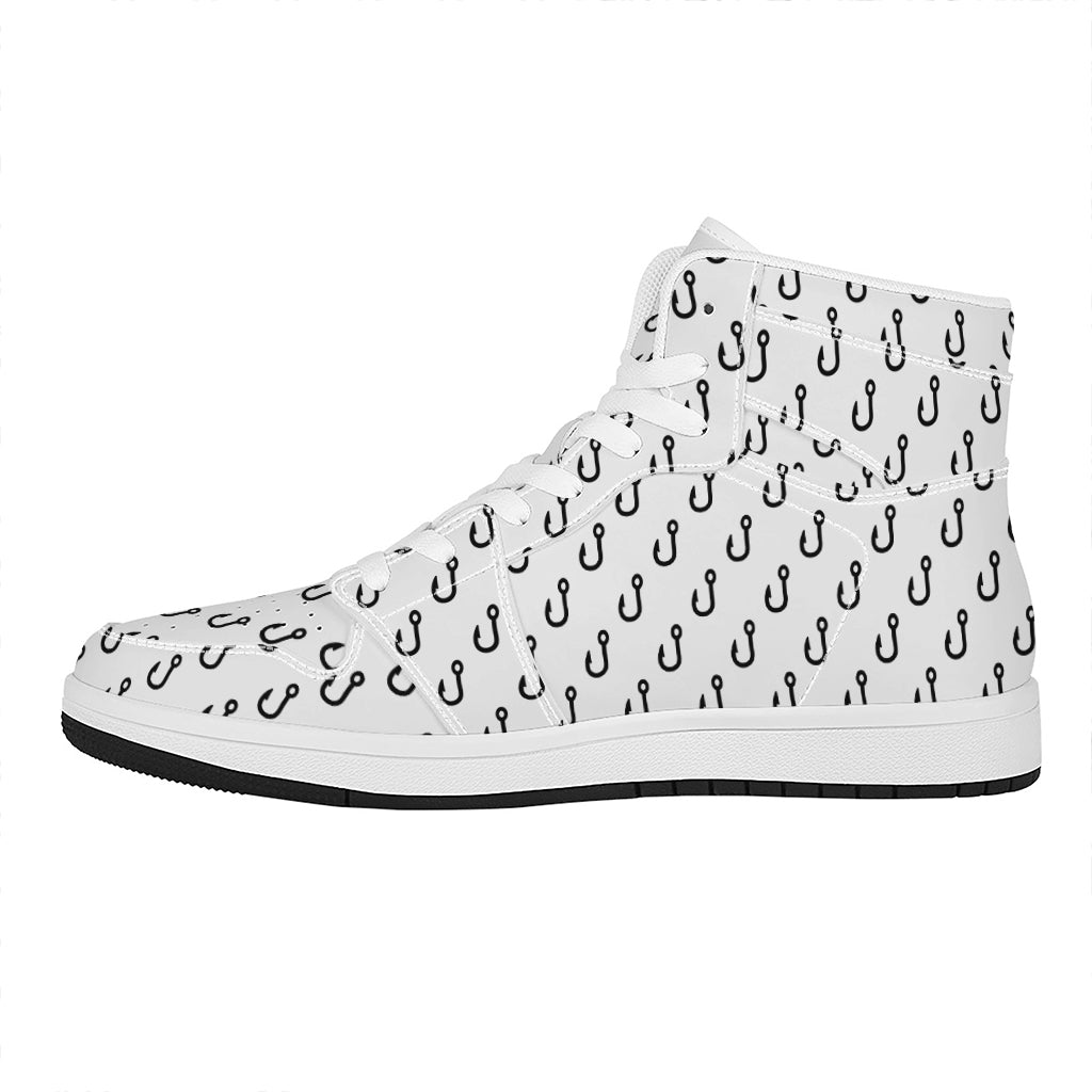 White And Black Fishing Hooks Print High Top Leather Sneakers