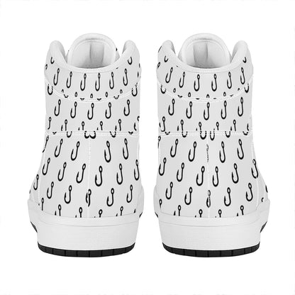 White And Black Fishing Hooks Print High Top Leather Sneakers