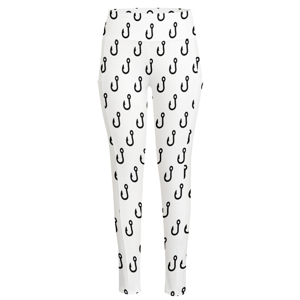 White And Black Fishing Hooks Print High-Waisted Pocket Leggings