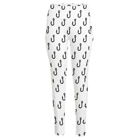 White And Black Fishing Hooks Print High-Waisted Pocket Leggings