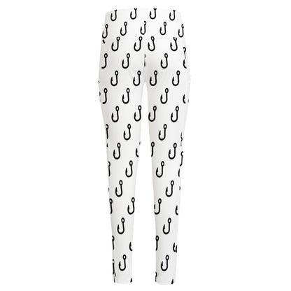 White And Black Fishing Hooks Print High-Waisted Pocket Leggings