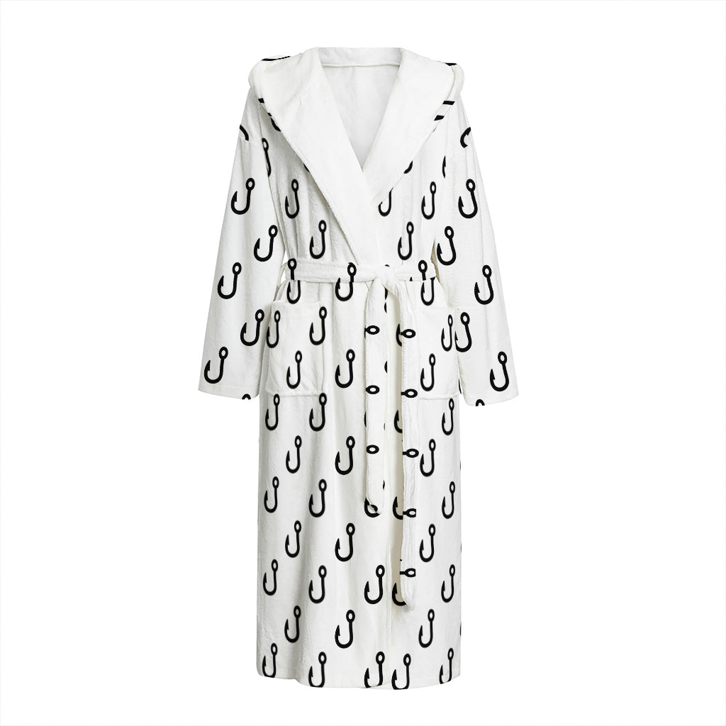 White And Black Fishing Hooks Print Hooded Bathrobe
