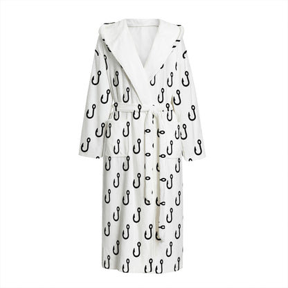 White And Black Fishing Hooks Print Hooded Bathrobe