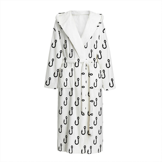 White And Black Fishing Hooks Print Hooded Bathrobe