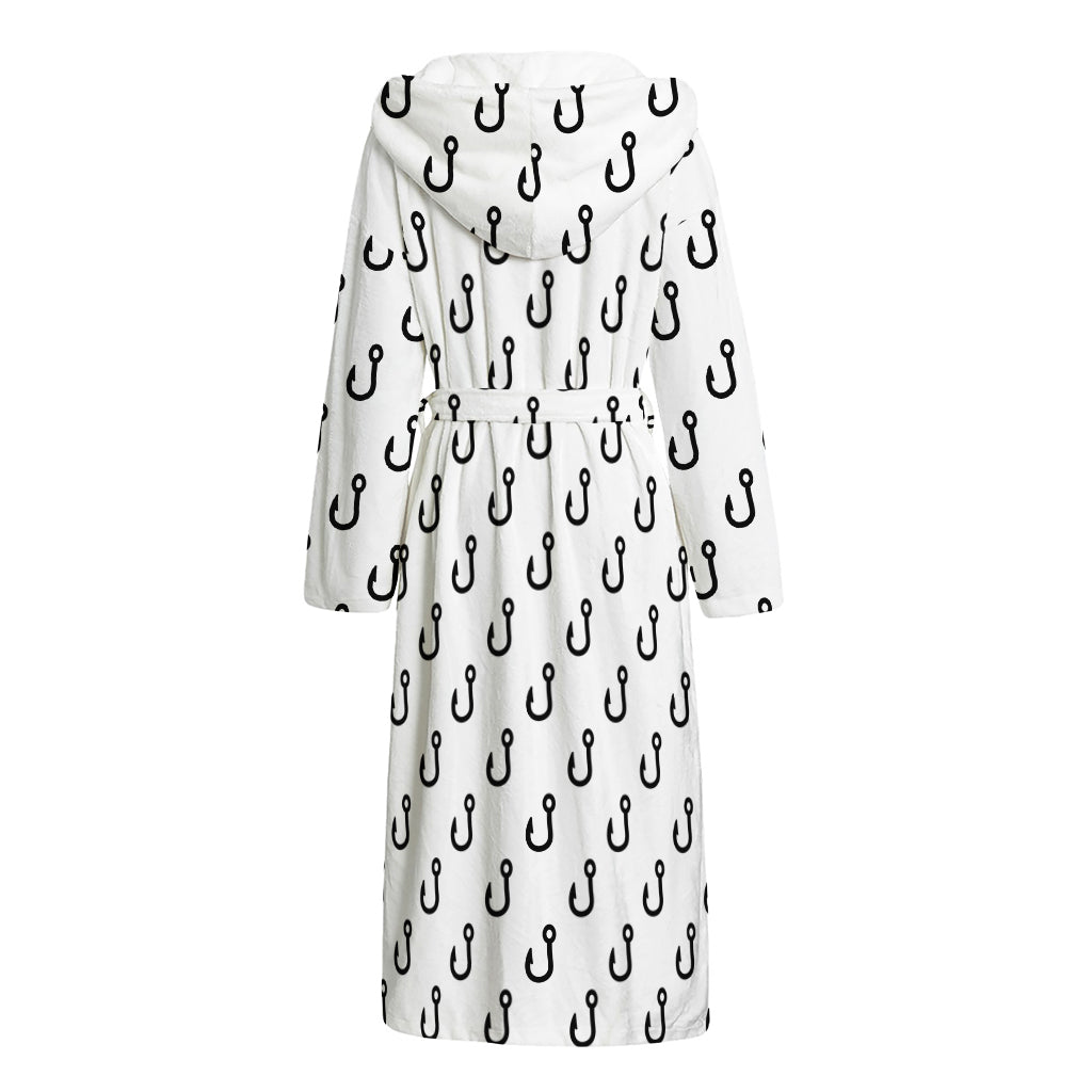 White And Black Fishing Hooks Print Hooded Bathrobe