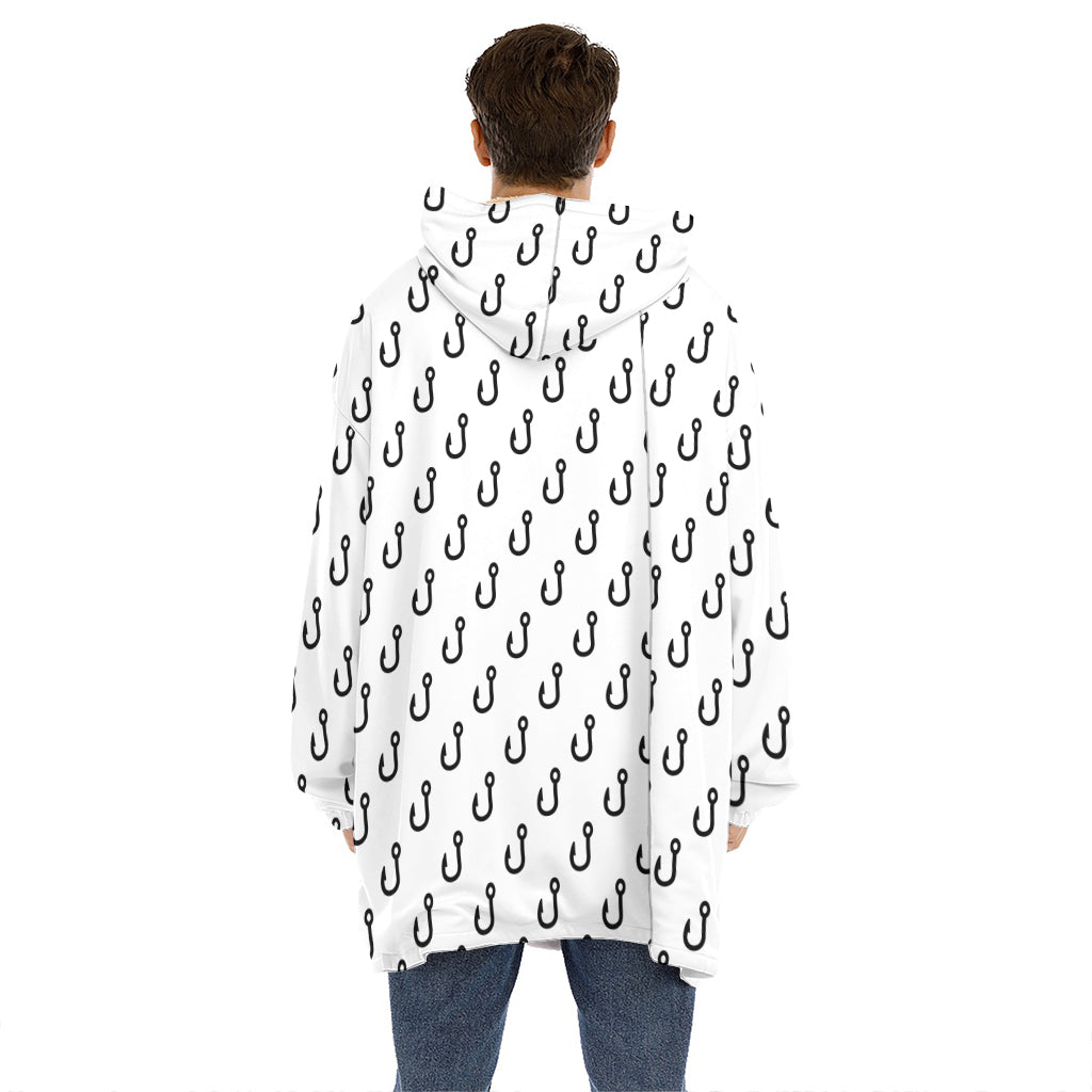 White And Black Fishing Hooks Print Hoodie Blanket
