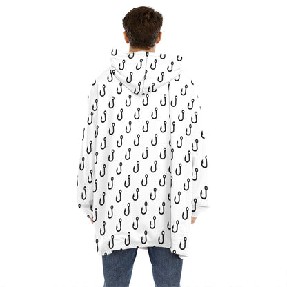 White And Black Fishing Hooks Print Hoodie Blanket