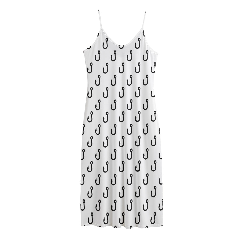 White And Black Fishing Hooks Print Jersey Midi Cami Dress
