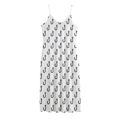 White And Black Fishing Hooks Print Jersey Midi Cami Dress