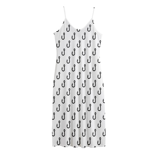 White And Black Fishing Hooks Print Jersey Midi Cami Dress