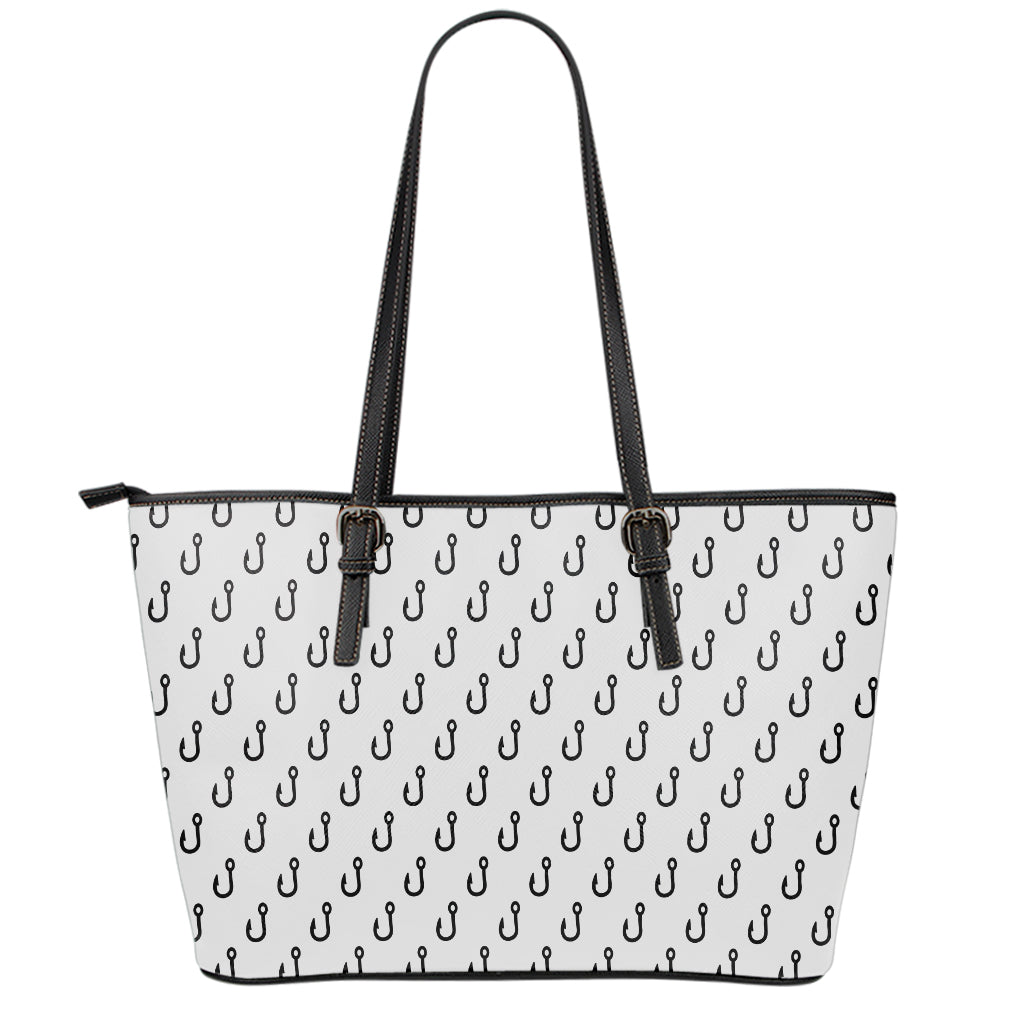 White And Black Fishing Hooks Print Leather Tote Bag