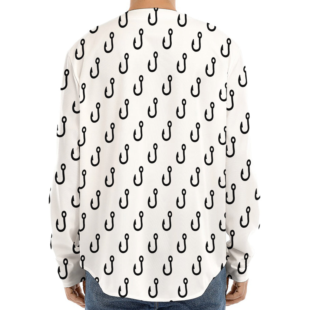 White And Black Fishing Hooks Print Long Sleeve Baseball Jersey