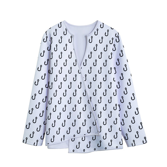 White And Black Fishing Hooks Print Long Sleeve Short Coat