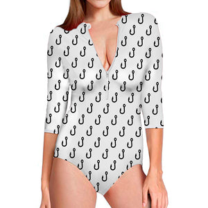 White And Black Fishing Hooks Print Long Sleeve Swimsuit