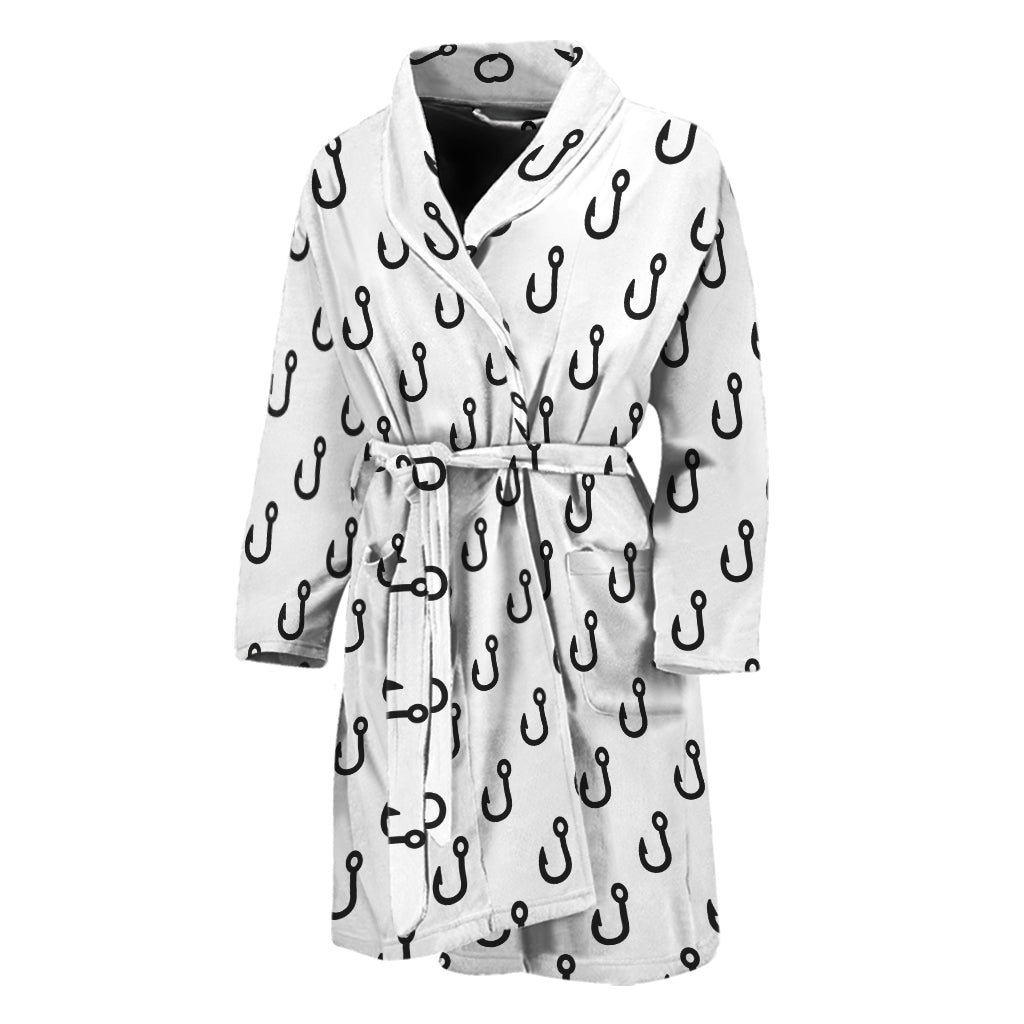 White And Black Fishing Hooks Print Men's Bathrobe