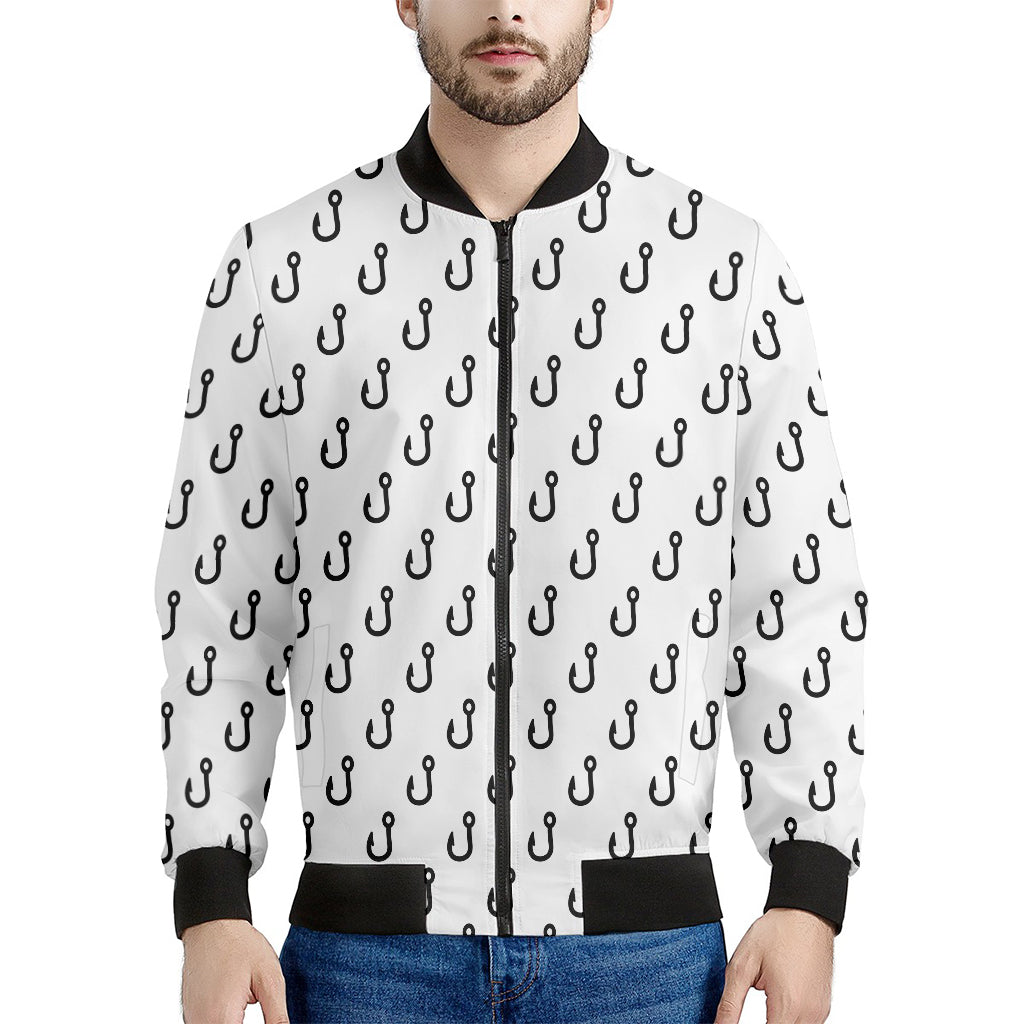 White And Black Fishing Hooks Print Men's Bomber Jacket