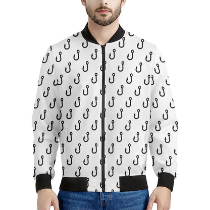 White And Black Fishing Hooks Print Men's Bomber Jacket