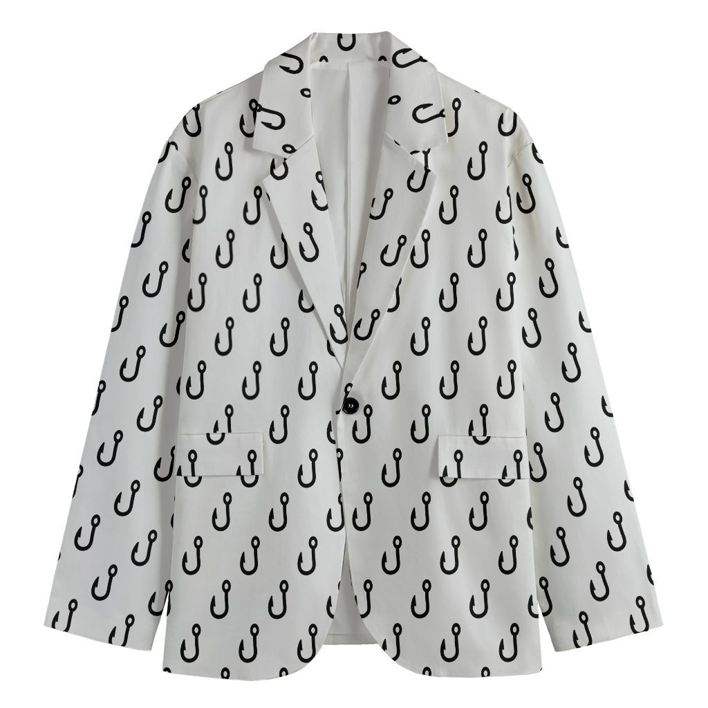 White And Black Fishing Hooks Print Men's Cotton Blazer