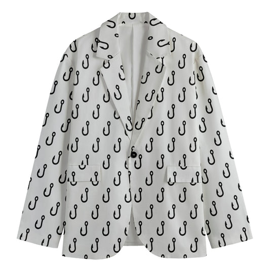 White And Black Fishing Hooks Print Men's Cotton Blazer