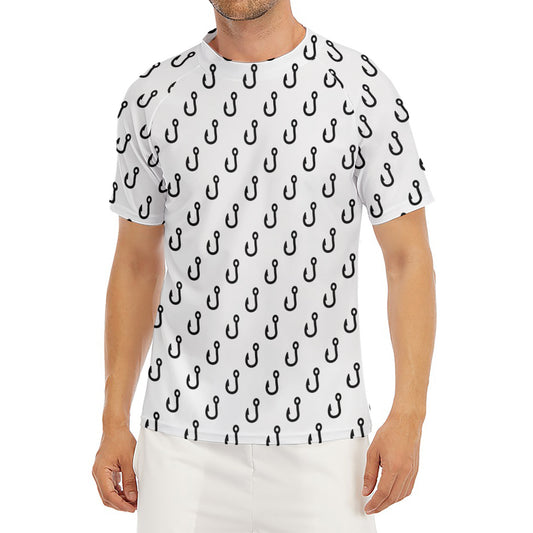 White And Black Fishing Hooks Print Men's Short Sleeve Rash Guard