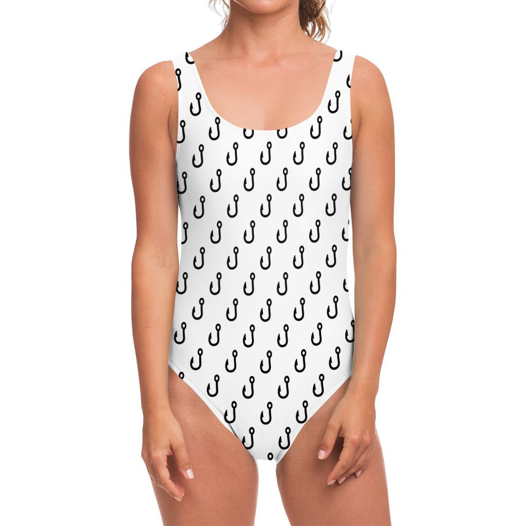 White And Black Fishing Hooks Print One Piece Swimsuit