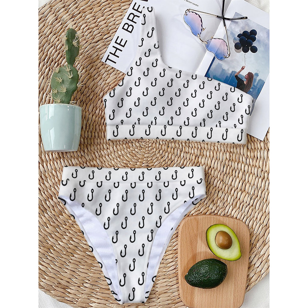 White And Black Fishing Hooks Print One Shoulder Bikini Top