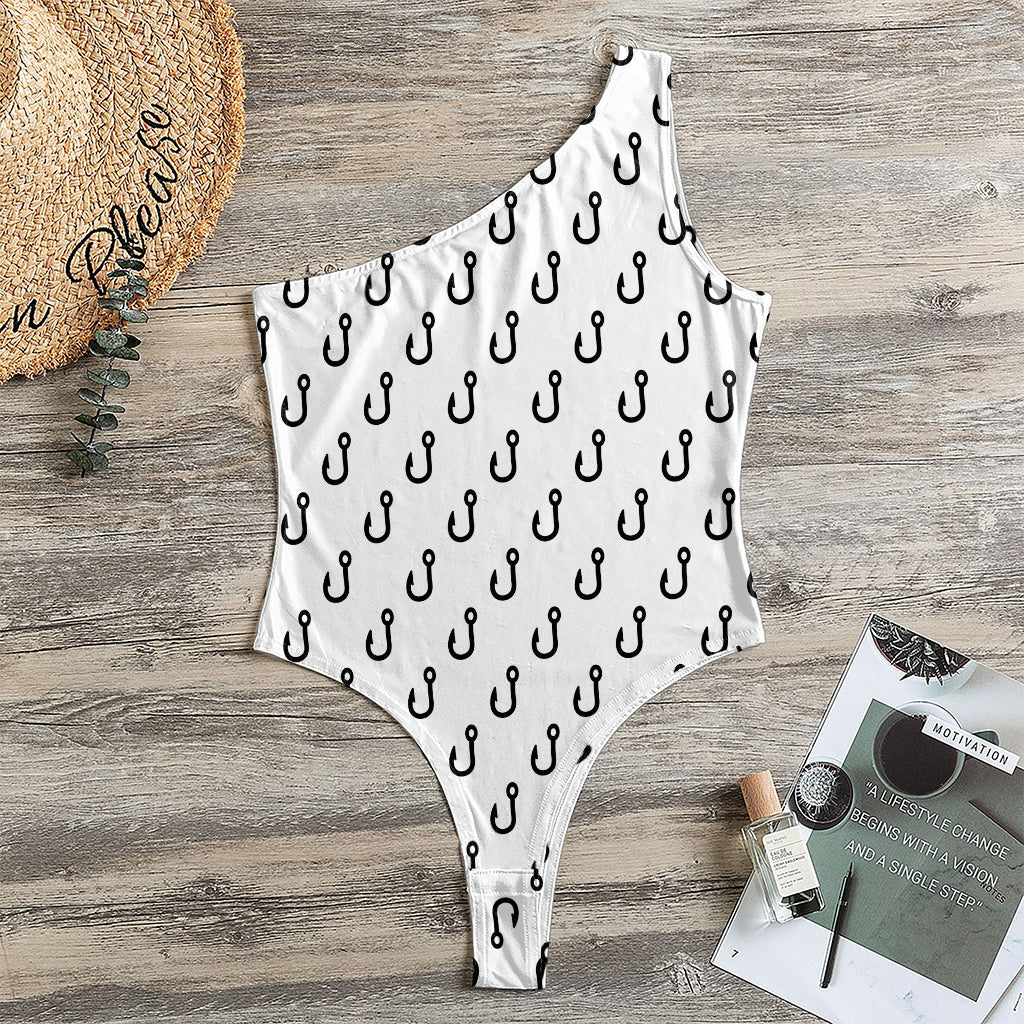 White And Black Fishing Hooks Print One Shoulder Bodysuit