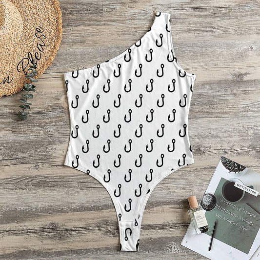 White And Black Fishing Hooks Print One Shoulder Bodysuit