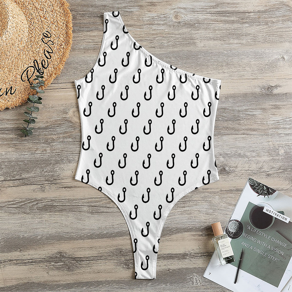 White And Black Fishing Hooks Print One Shoulder Bodysuit