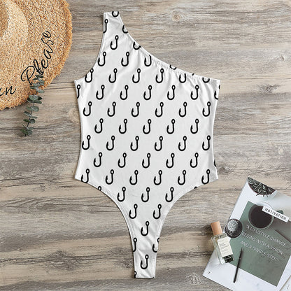 White And Black Fishing Hooks Print One Shoulder Bodysuit