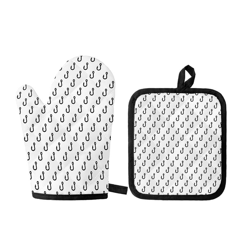White And Black Fishing Hooks Print Oven Mitt And Pot Holder Set