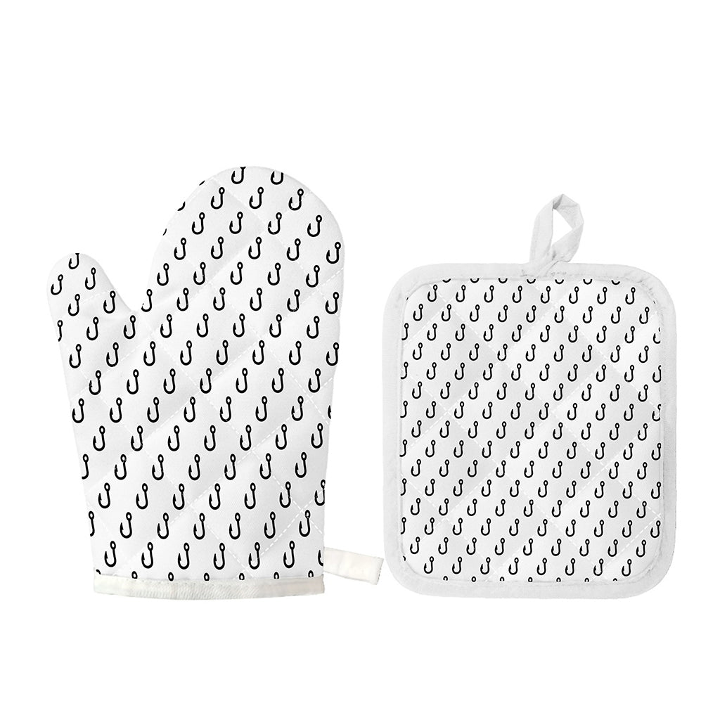 White And Black Fishing Hooks Print Oven Mitt And Pot Holder Set