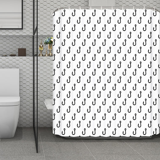 White And Black Fishing Hooks Print Polyester Shower Curtain