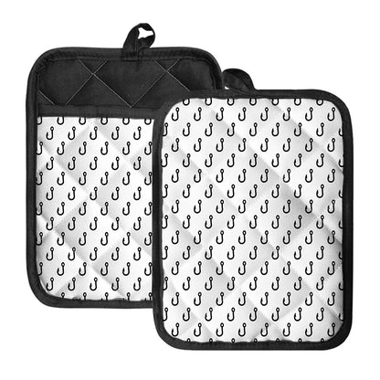 White And Black Fishing Hooks Print Pot Holders With Pocket