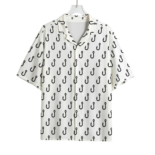 White And Black Fishing Hooks Print Rayon Hawaiian Shirt