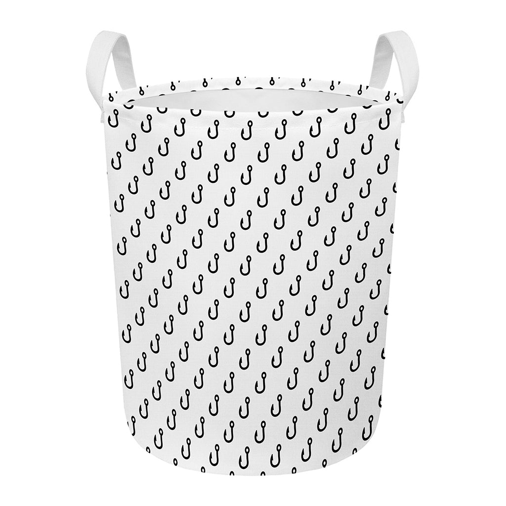 White And Black Fishing Hooks Print Round Laundry Basket
