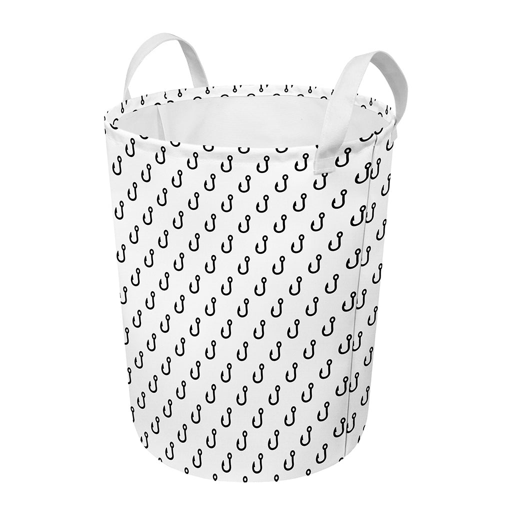White And Black Fishing Hooks Print Round Laundry Basket