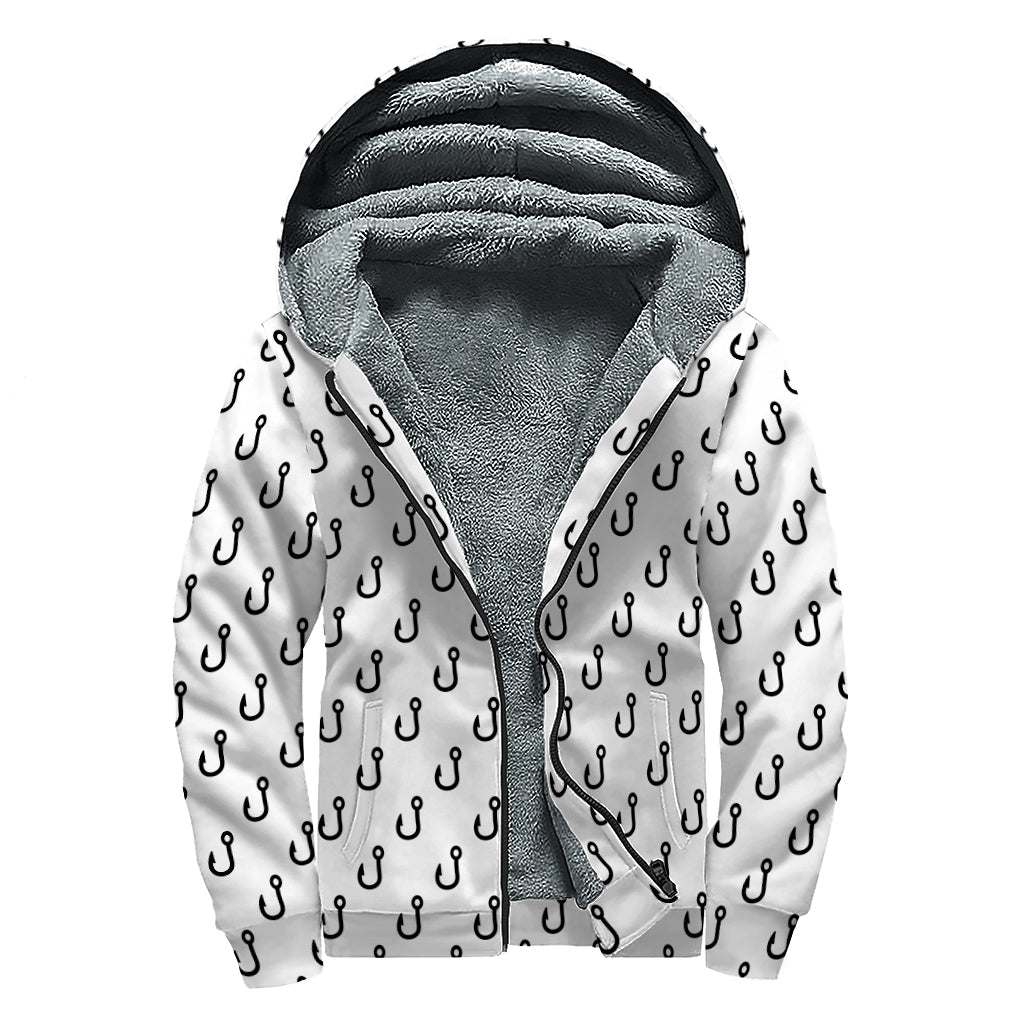 White And Black Fishing Hooks Print Sherpa Lined Zip Up Hoodie