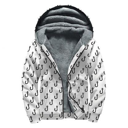 White And Black Fishing Hooks Print Sherpa Lined Zip Up Hoodie