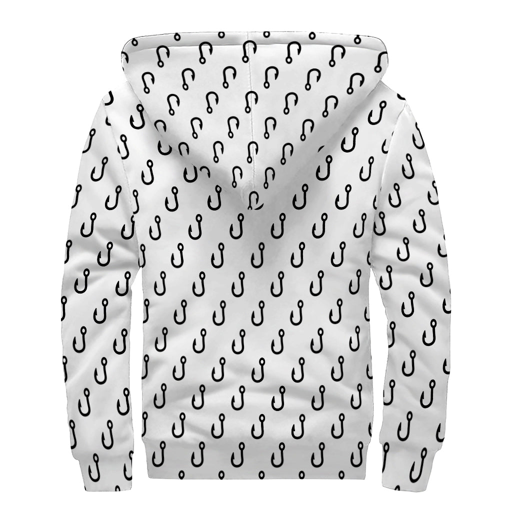 White And Black Fishing Hooks Print Sherpa Lined Zip Up Hoodie