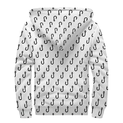 White And Black Fishing Hooks Print Sherpa Lined Zip Up Hoodie